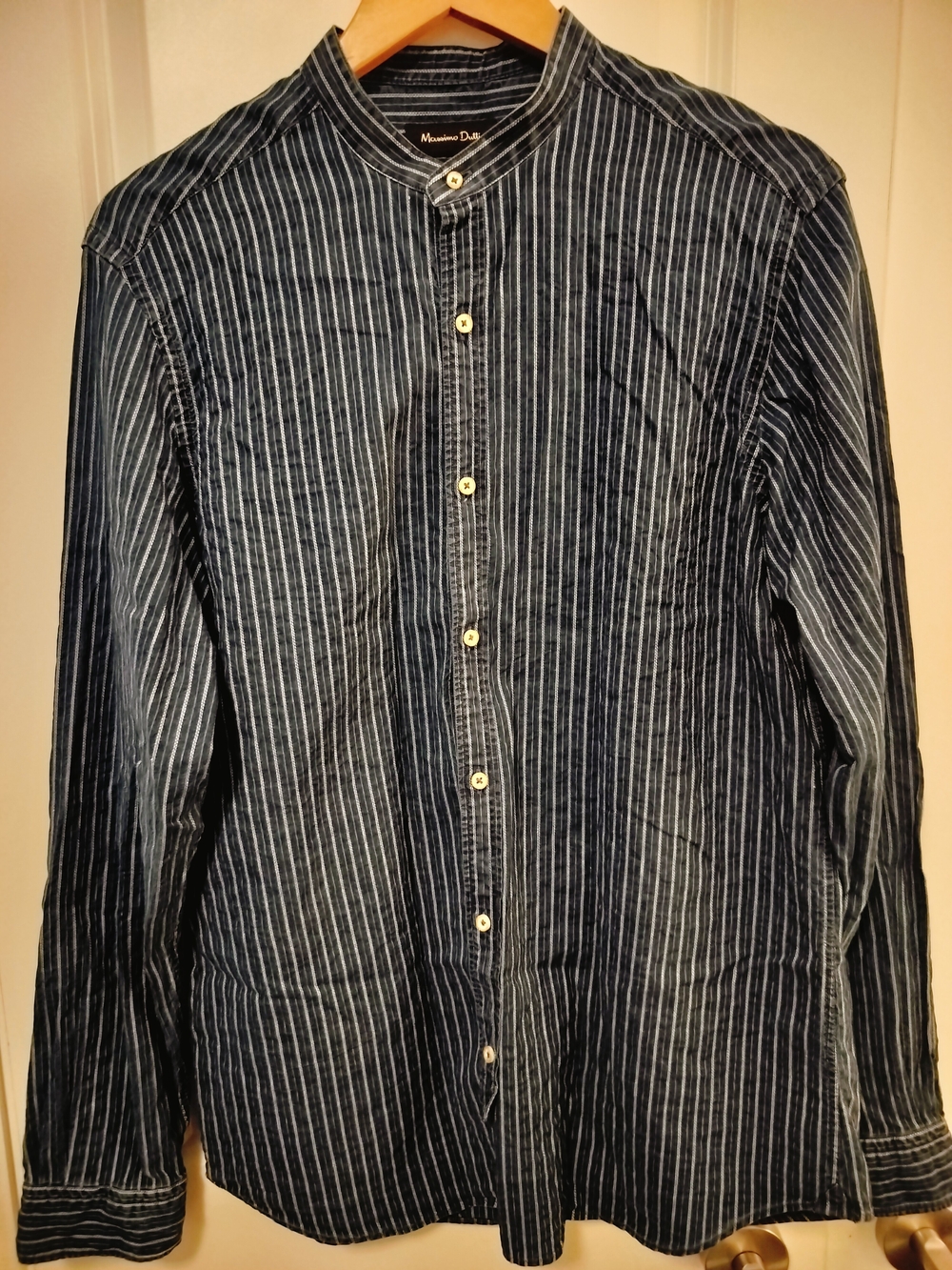 Massimo Dutti Navy and White Thin-Stripe Band-Collar Shirt Size L